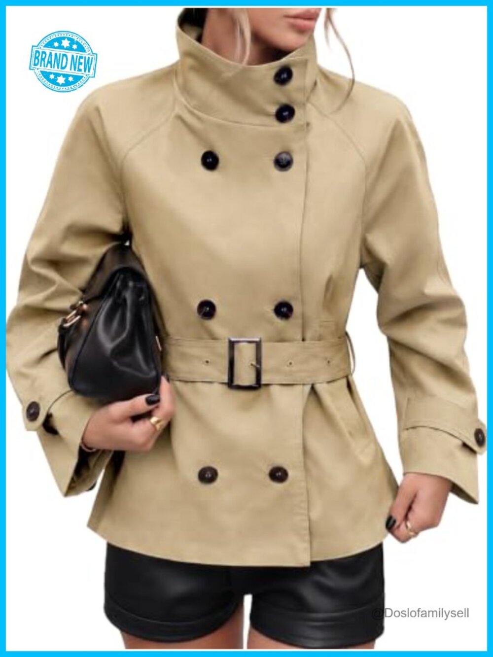 Cropped Trench Coat Funnel Neck Belted Fall Jacket